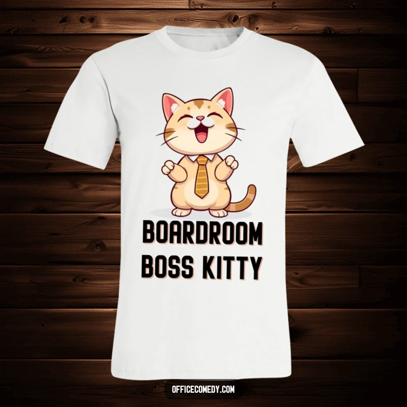Funny cat in a sharp tie, energetically presenting a glowing screen, a hilarious tee for business-minded cat lovers.