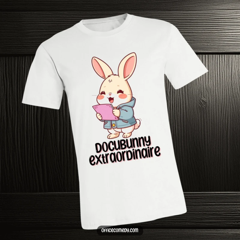 Funny rabbit wearing a small jacket, gleefully stacking documents, a humorous t-shirt for animal lovers and office workers.