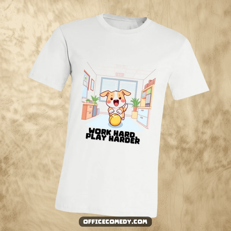 Funny t-shirt depicting a dog excitedly chasing a bouncing ball through an office, showcasing pure, unadulterated fun.