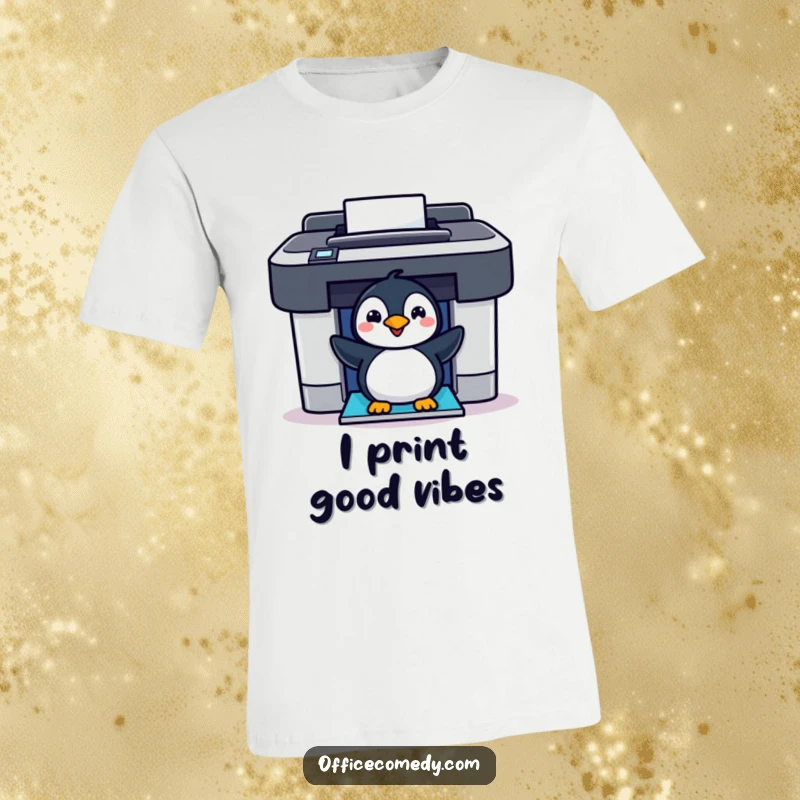 Funny cheerful penguin peeking out of a colorful printer, a humorous t-shirt for animal lovers and techies.