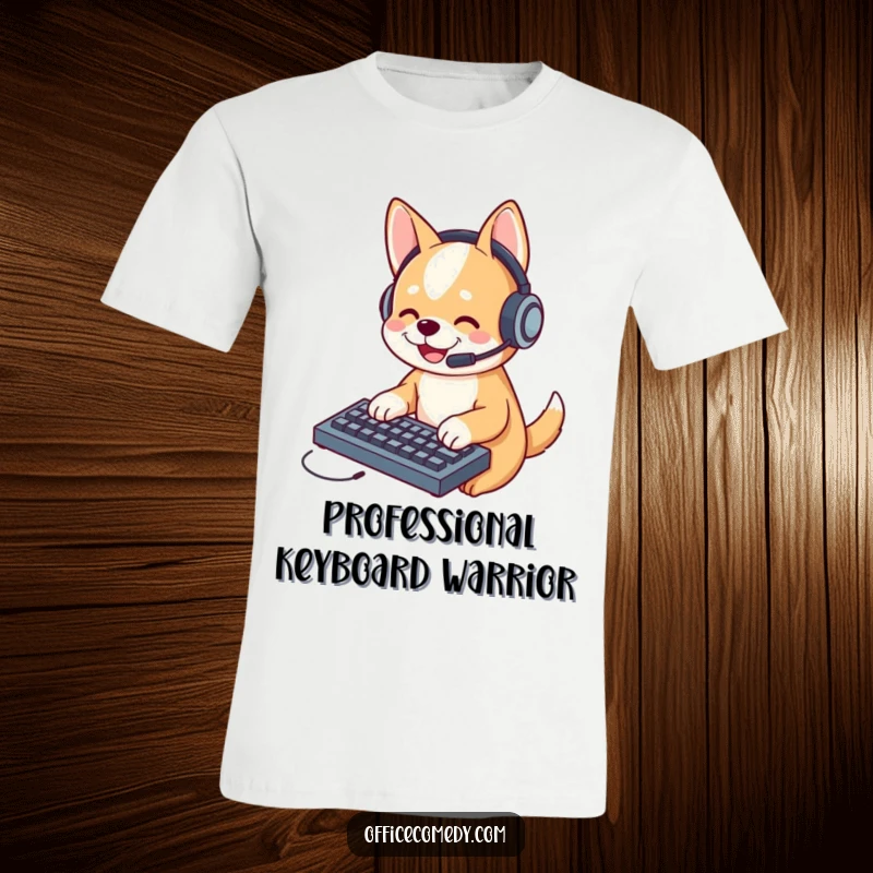 Funny dog in a headset, intensely typing on a tiny keyboard, perfect for expressing work-from-home humor and personality.