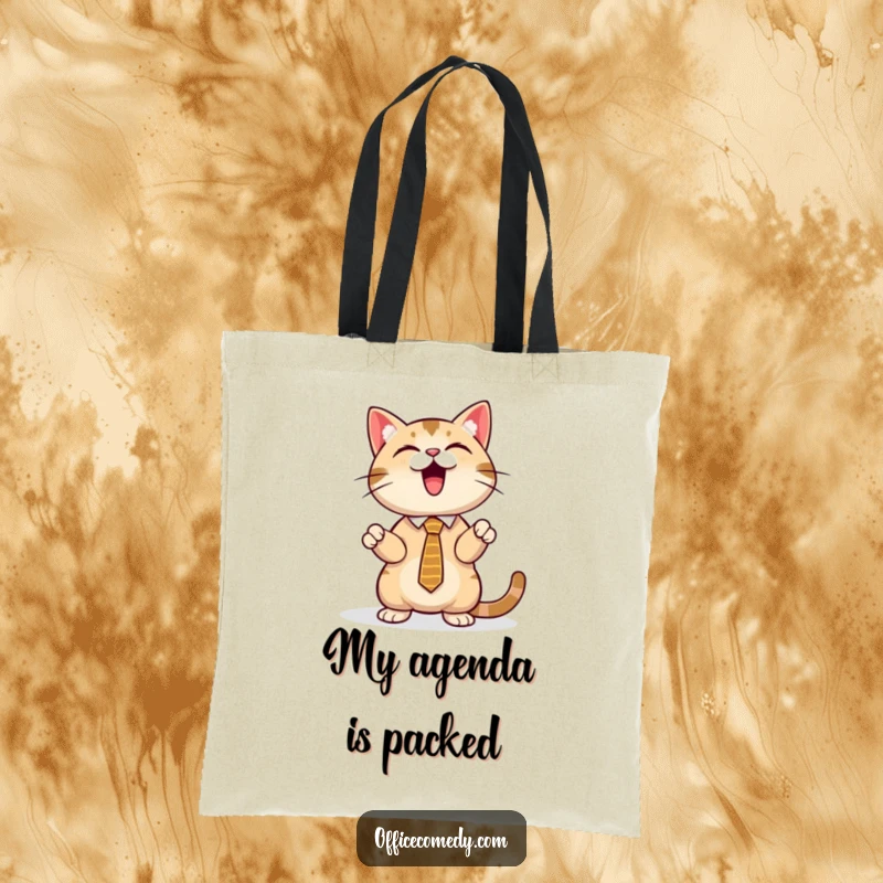 Funny cat in a tie, presenting a glowing screen, a stylish and humorous tote bag for daily use.