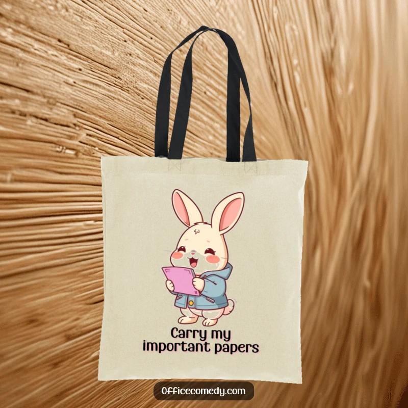 Funny rabbit wearing a small jacket, gleefully stacking documents, a charming and humorous tote bag for everyday use.